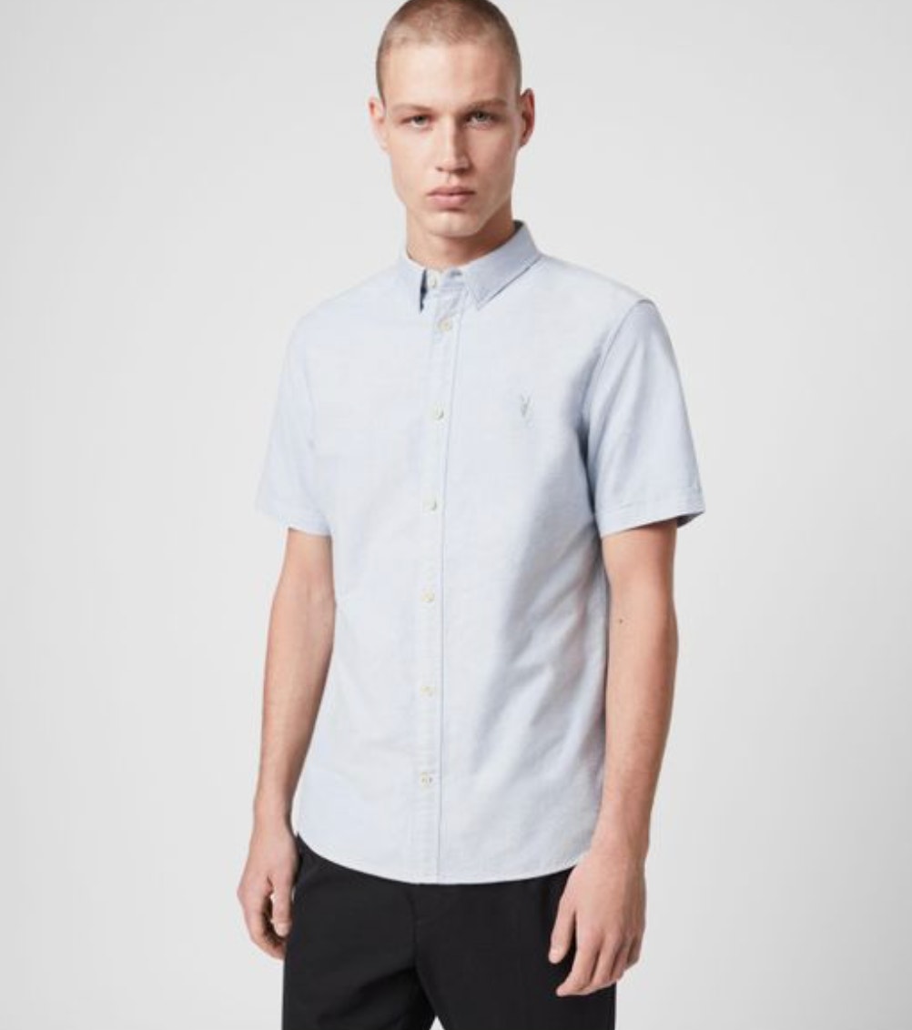 Allsaints Light Blue Short Sleeve Button Down 100% Cotton Huntingdon Shirt Sz S
